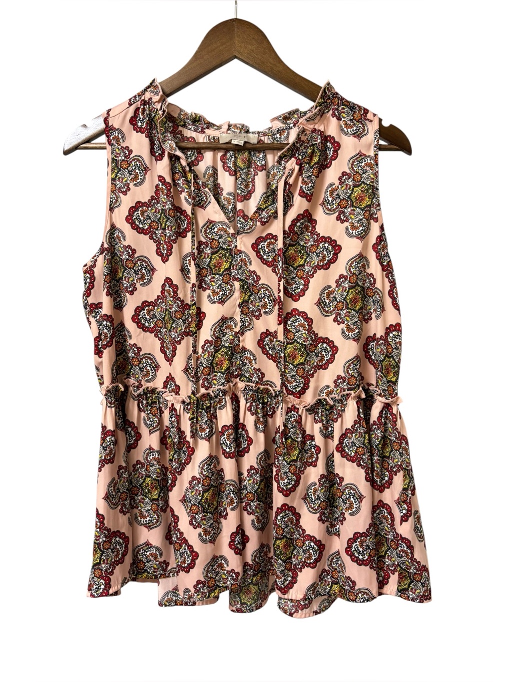 Loft Sleeveless Pink Floral Medallion Print Gathered Peplum Waist Boho Tank M